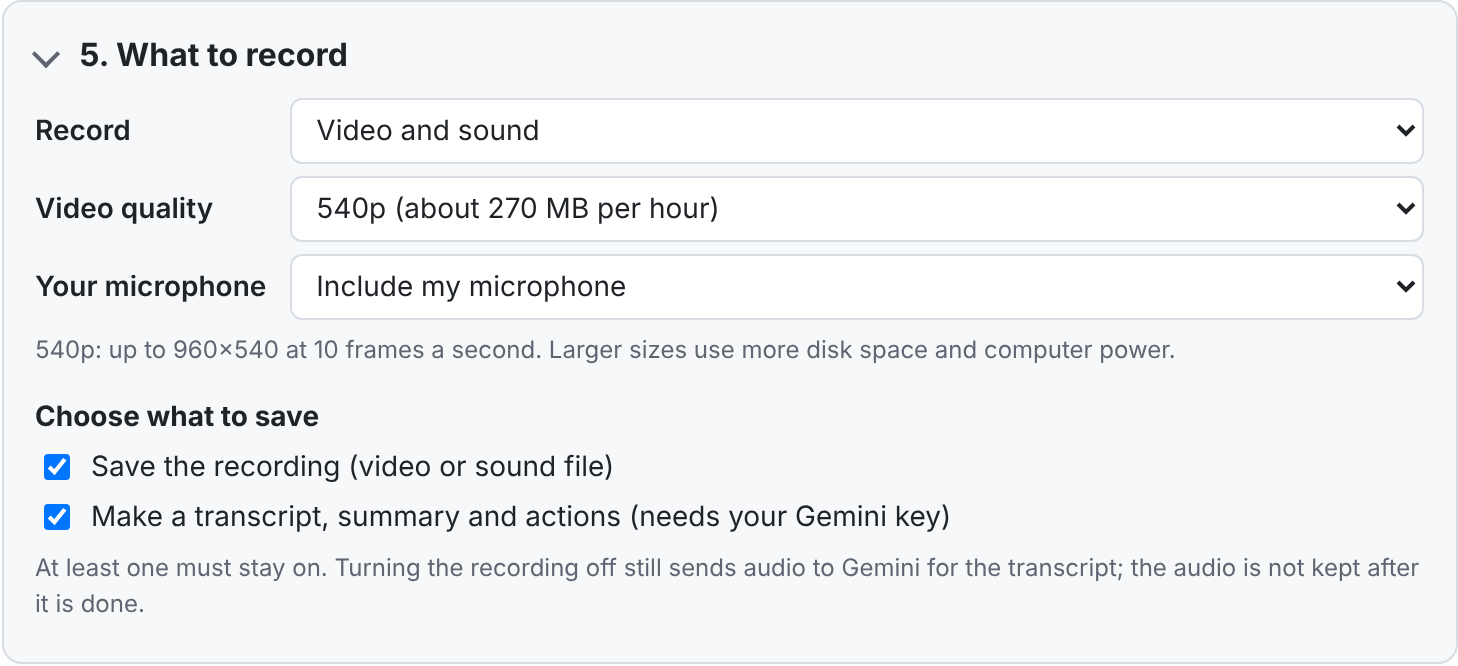 vMeet settings showing video quality, sound only and what to save