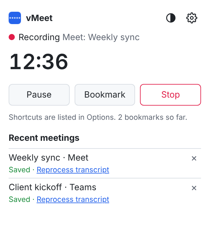 The vMeet popup while recording, showing a timer and Pause, Bookmark and Stop buttons