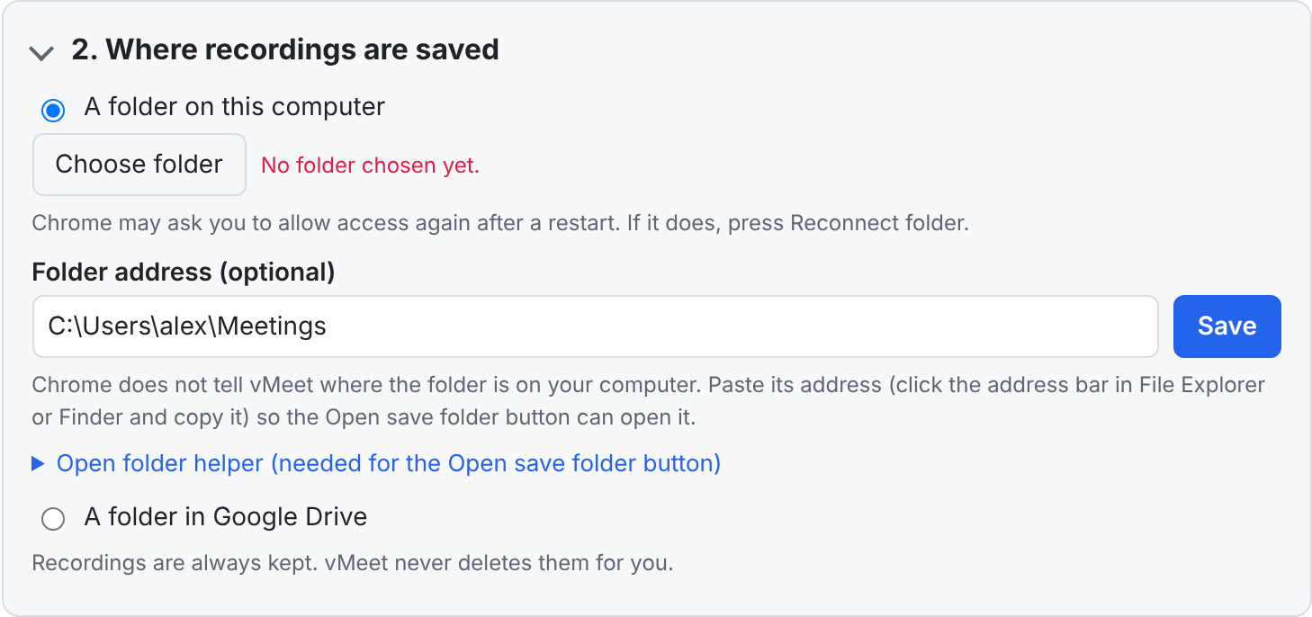 vMeet settings showing where recordings are saved and how files are named